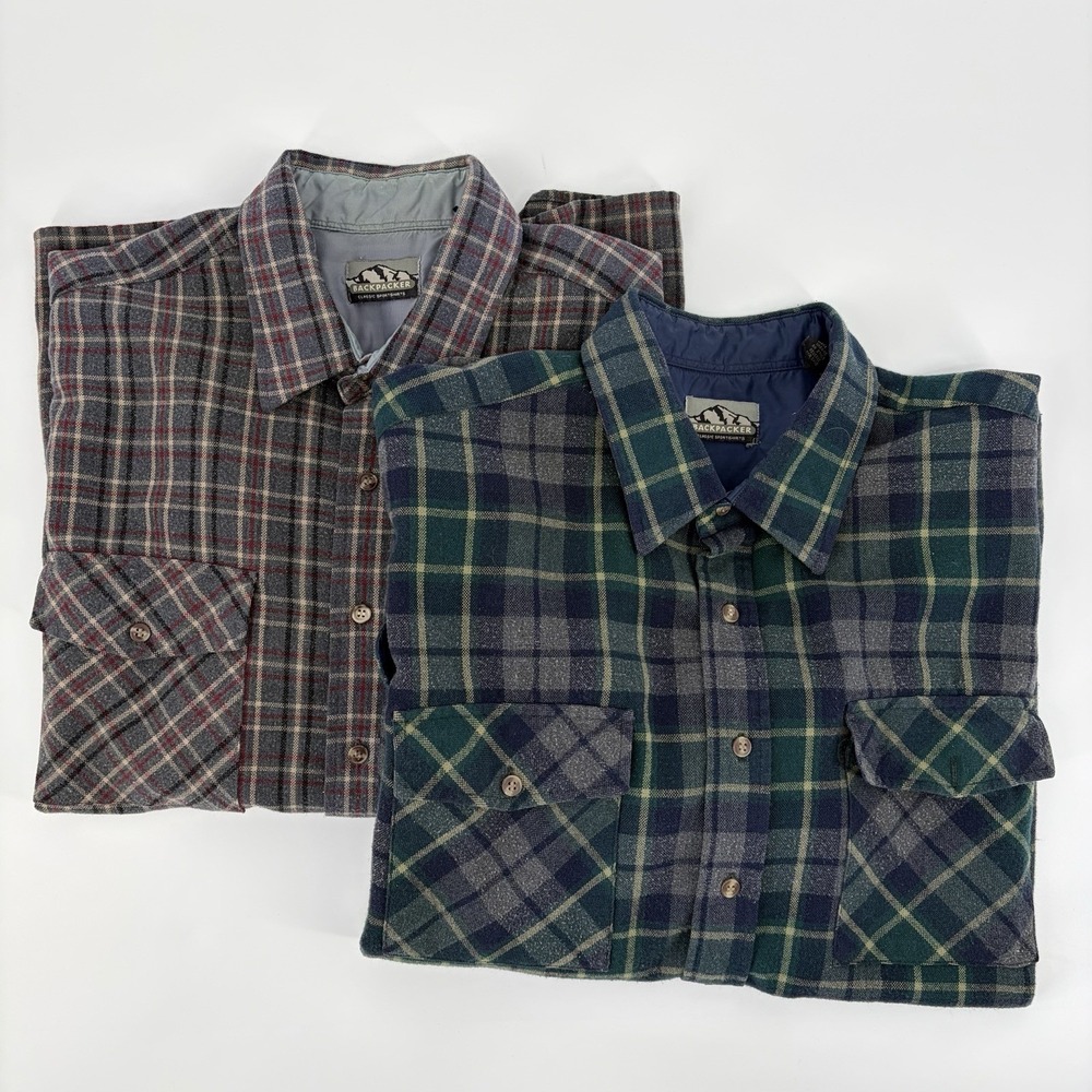 Lot of 2 Vtg Backpacker Classic Sport Shirt‎ Heavy Plaid Flannel Men's XXL FLAWS